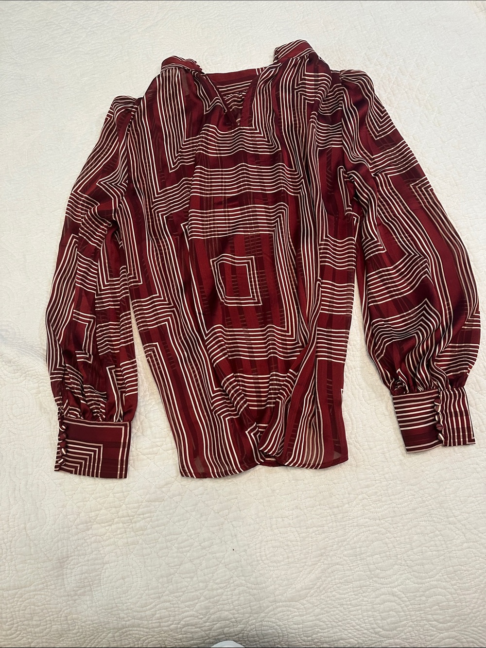 H&M Burgundy and Cream Geometric V-Neck Blouse